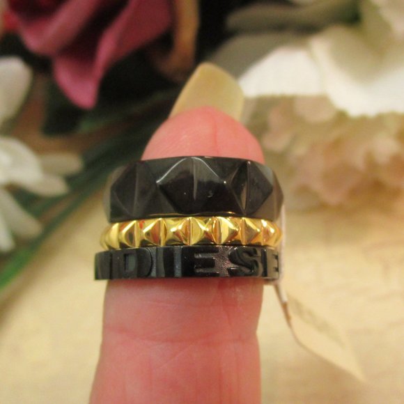 DIESEL Black Gold Stack Rings Unisex~Vintage NOS Industrial Size 6.5 Stack Rings - Picture 12 of 14